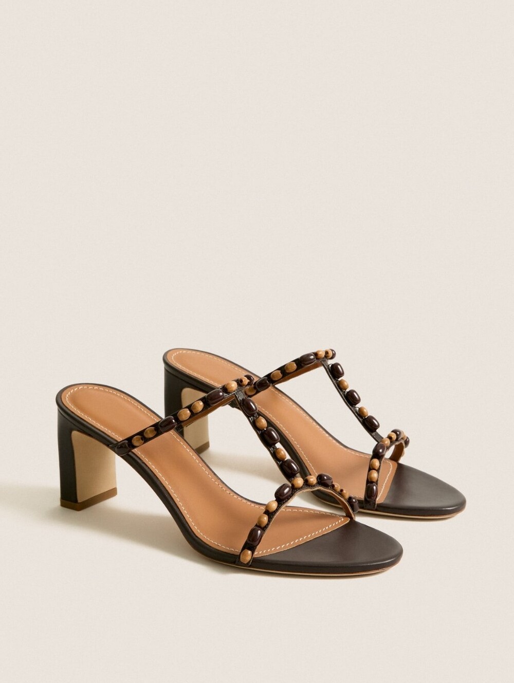 Staud Talita Heel Brown Wood Beaded T-Strap Block Heel Sandals Size 9/40